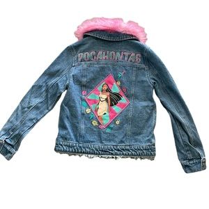 Disney Pocahontas Girls Jean Jacket Removable Faux Fur Embroidered Patches 9/10